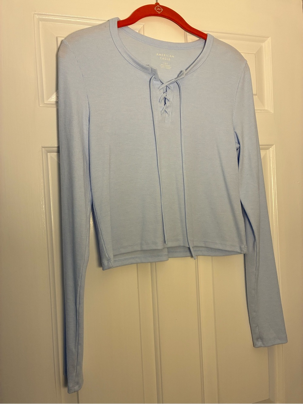 American Eagle Outfitters Pale Blue Ribbed Lace-Up Long Sleeve Top